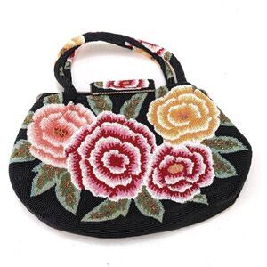 Fully Beaded Floral Evening Handbag Purse Lined Multicolor Roses‎
